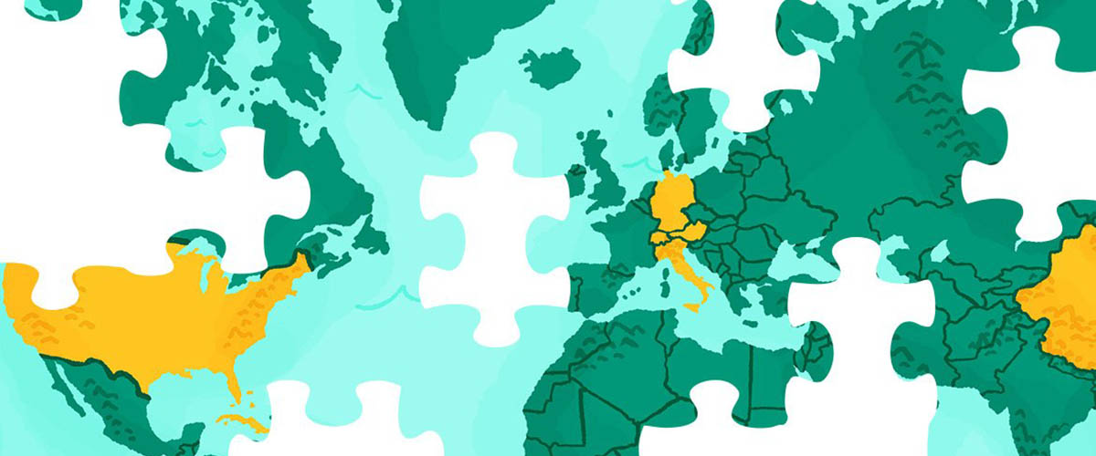 A world map in a jigsaw format