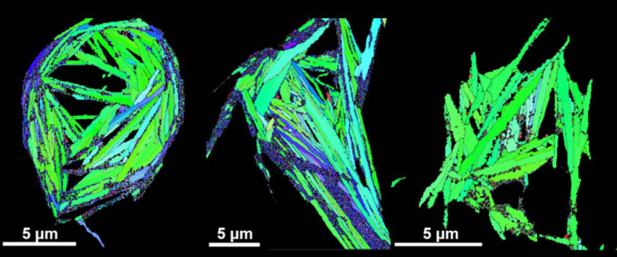 Electron micrograph of the cross sections of three Bi-2212 round wires with widely varying critical current densities (Jc) showing their a-axis grain alignments.