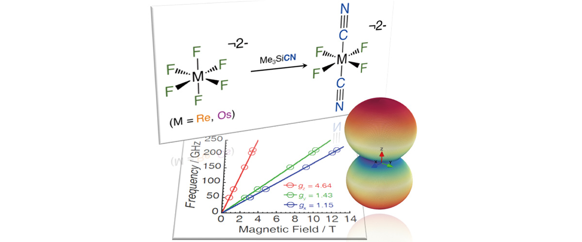 (top) Schematic of the new silicon-mediated replacement of fluorine atoms, resulting in the magnetic building block molecule shown at upper right. (bottom) Frequency vs magnetic field plot from which the much stronger magnetism along the z-axis (the steeper red line) can be deduced for the molecule with spin S = 3/2 and “M” representing a Rhenium atom.