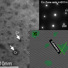 An atomic-resolution, high-angle annular dark-field image of an aged sample showing uniformly distributed Cr precipitates (dark contrast in main image.