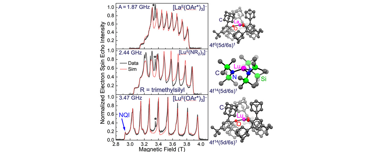 Pulsed electron spin-echo spectra recorded at 94GHz and 5K, for the three compounds shown.