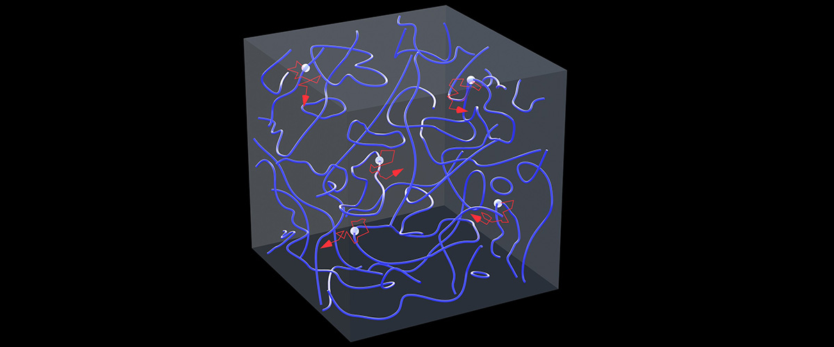 An illustration showing quantum vortex tubes undergoing apparent superdiffusion. The white dots represent trapped particle that the researchers tracked to visualize and track the motion of the tubes, and the red lines represent the random patterns that the particles traveled.