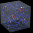 An illustration showing quantum vortex tubes undergoing apparent superdiffusion. The white dots represent trapped particle that the researchers tracked to visualize and track the motion of the tubes, and the red lines represent the random patterns that the particles traveled.