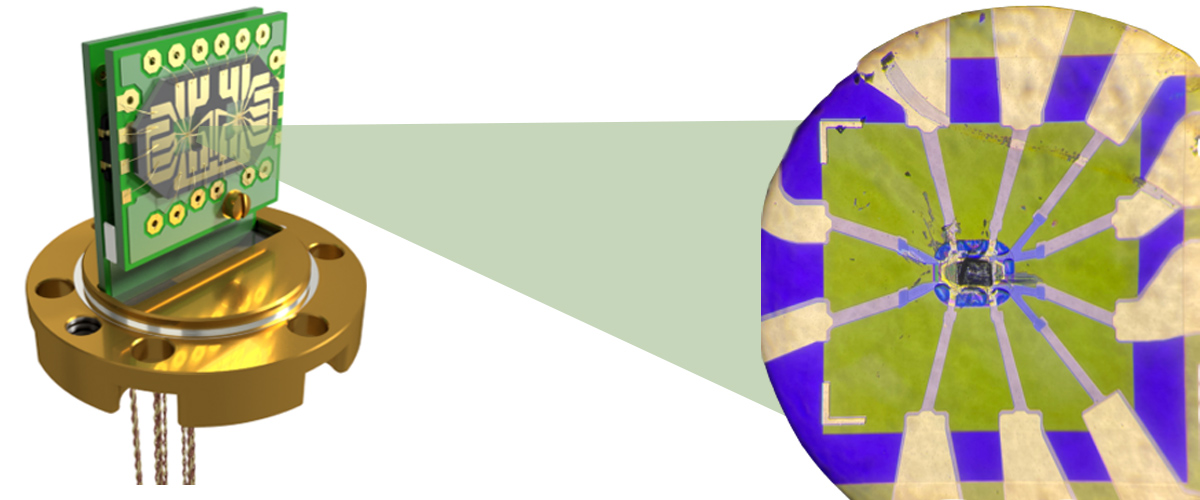 Left: Rendering of the nanocalorimeter wire-bonded to a printed circuit board mounted in a vacuum cell (shown without its lid).  Right: A photograph of the extremely small indium sample (dark rectangle in the middle of the image) mounted on the calorimeter. 