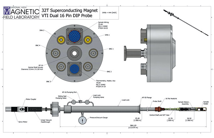 General assembly drawing of the rotating probe showing load-lock and user interface at room temperature and field center.