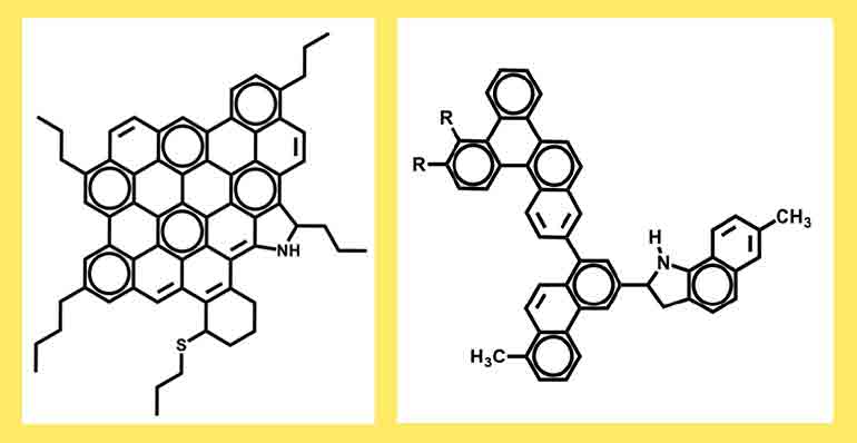 Models of an "island" asphaltene (left) and an "archipelago" asphaltene (right).