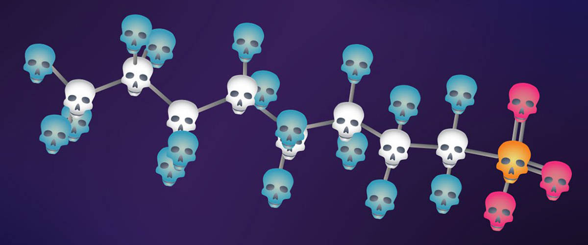 Representation of perfluorooctanesulfonate (or PFOS), one kind of PFAS molecule commonly used in fire-fighting foams. PFAS are known as “forever chemicals” due to the very strong bonds behind fluorine atoms (depicted in blue) and carbon atoms (depicted in white).