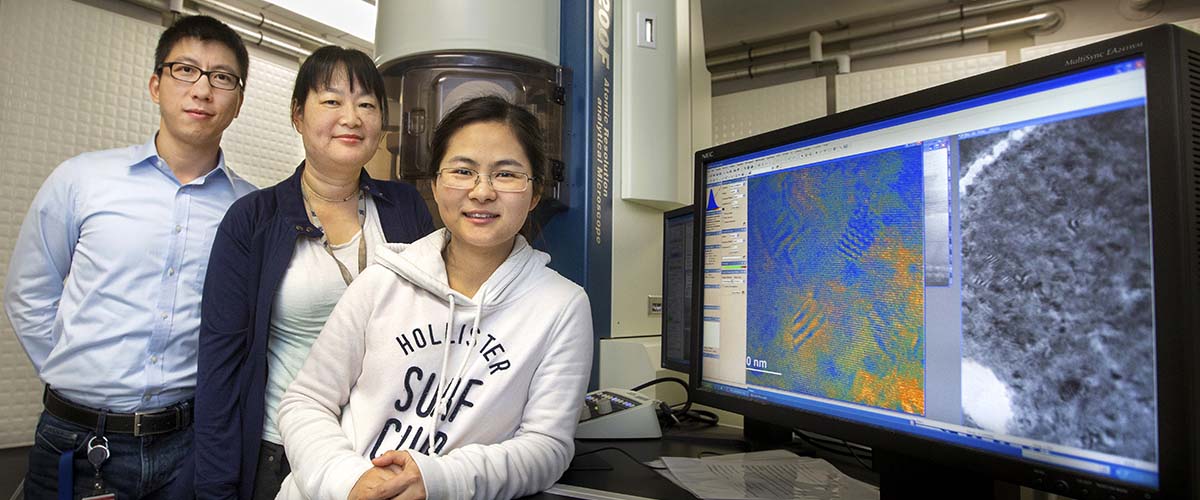 FSU Assistant Professor of Physics Hanwei Gao, National MagLab researcher Yan Xin and FSU graduate student Xi Wang worked with a transmission electron microscope to conduct research on halide perovskites.