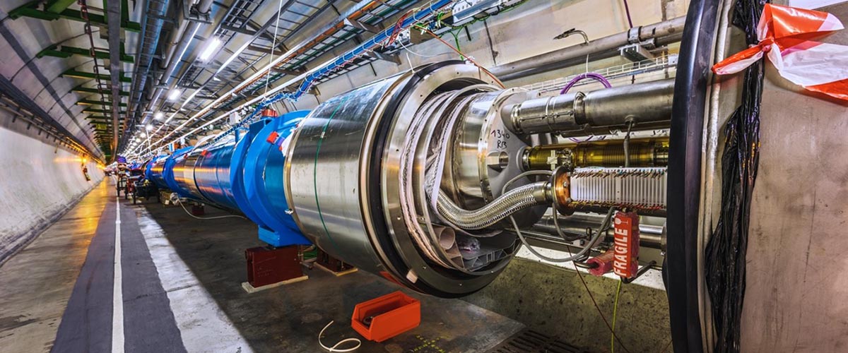 The tunnel of the Large Hadron Collider during work in 2019. 