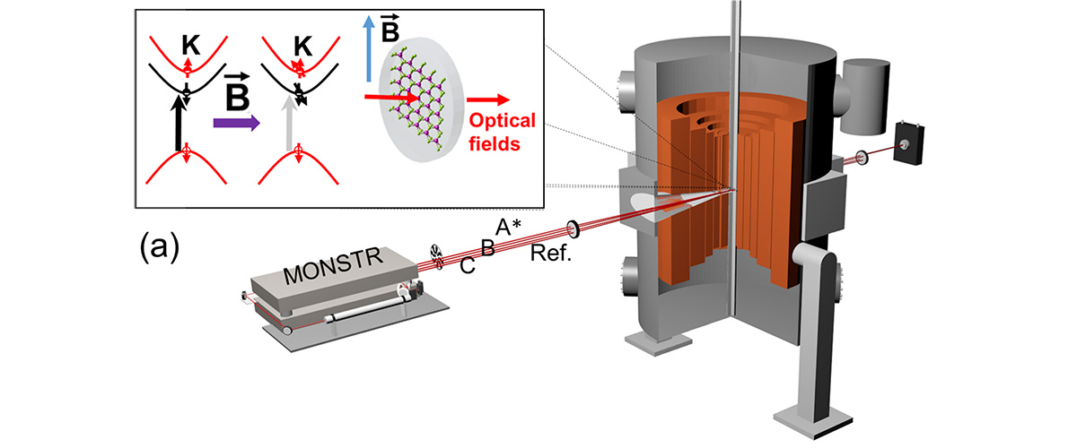 Experimental setup using the 25T Split-Helix magnet and the multidimensional optical nonlinear spectrometer (MONSTR). 