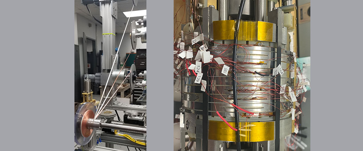 (Left) Reinforcement is co-wound between each pair of REBCO tapes. (Right) “Test Coil 0”, wound and instrumented just before being inserted into a 12T test bed magnet.