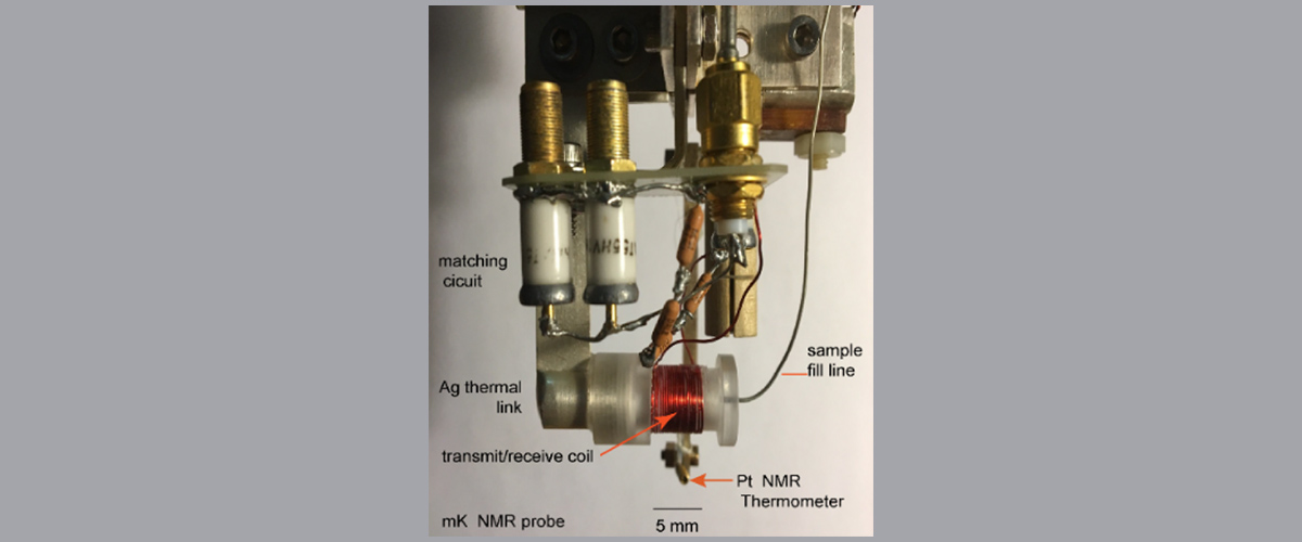 The photo shows the NMR probe used for the ultra-low temperature NMR measurements.