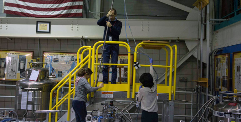 (From left to right) Physicists Shirin Mozaffari, Fedor Balakirev and Dan Sun, co-authors on the new Nature paper, conduct another experiment with hydride superconductors at the National MagLab.