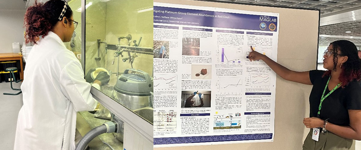 Left: Raiona working in the MagLab’s geochemistry lab, Right: Raiona presents her poster at the end of her 2023 High School Externship program. 