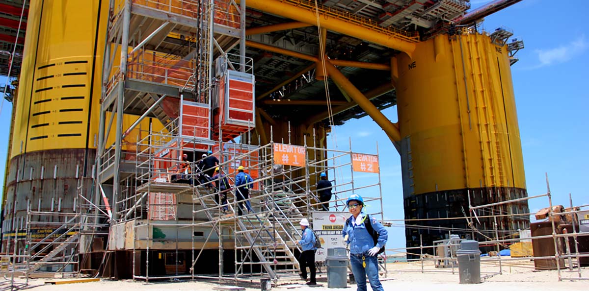 Alicia Calero, foreground, aboard a deepwater oil-and-gas plant in the Gulf of Mexico.