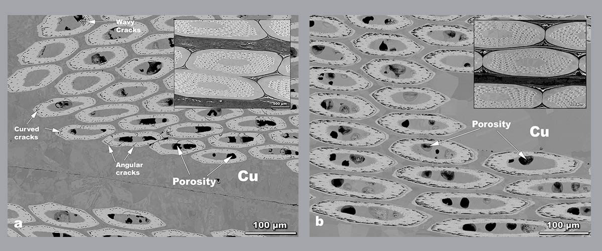 Electron microscope image showing cracks in a conductor that was extracted from a damaged Nb3Sn coil that was part of a prototype 11T accelerator dipole magnet built at CERN.